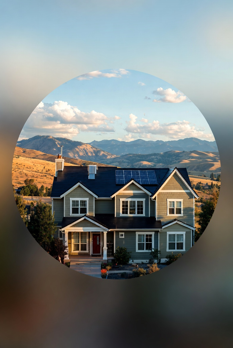 Idaho home with solar panels and mountain backdrop